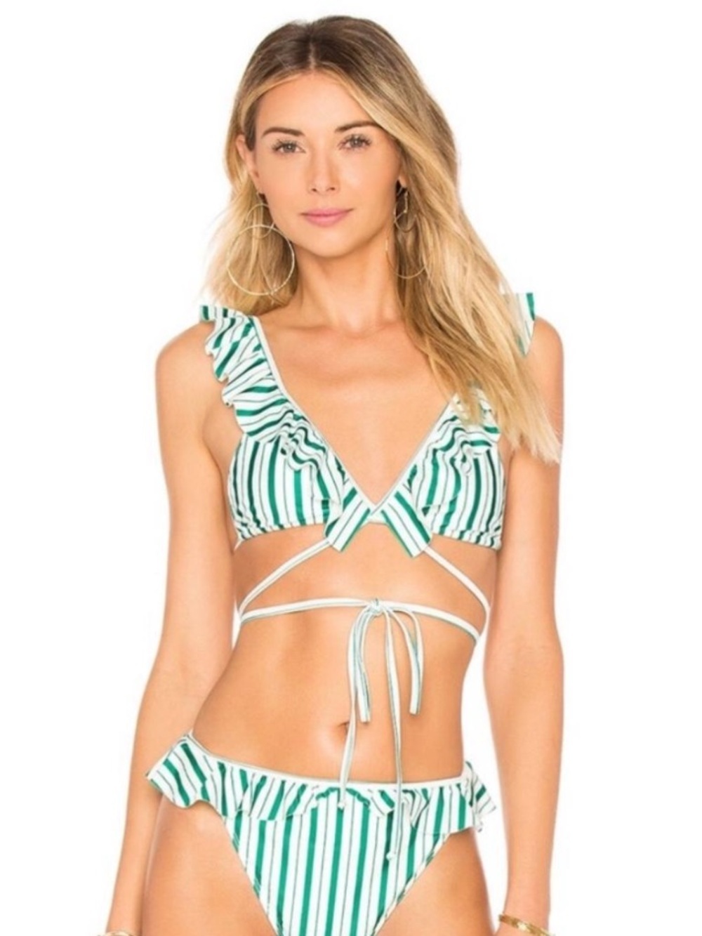 🌻NEW NWOT Lovers + Friends Here You Are Green Striped Ruffle Bikini Top Size S